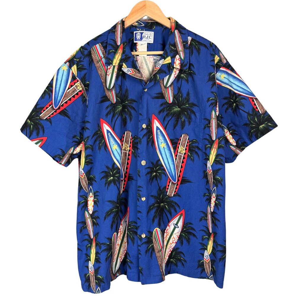 RJC Hawaiian Shirt Men Surfboard Tress All‎ Over Print 2XL Blue Nautical Vtg USA